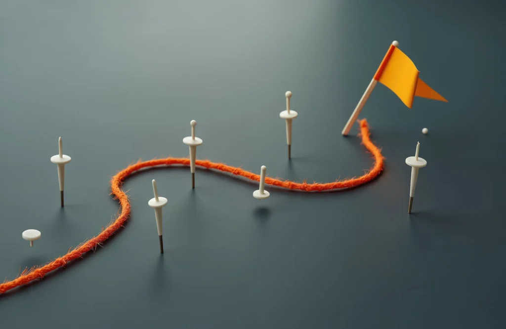 Symbolbild zum Nachfolgeprozess mit orangem Faden, Stecknadeln und Zielmarke auf grauer Oberfläche